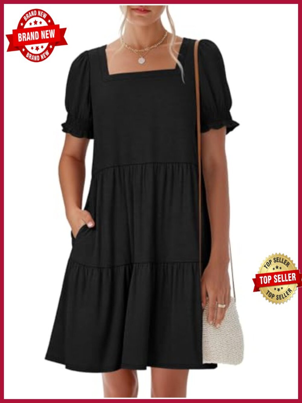 Womens Summer Puff Sleeve Square Neck Tiered Mini Dress with Pockets Casual Work